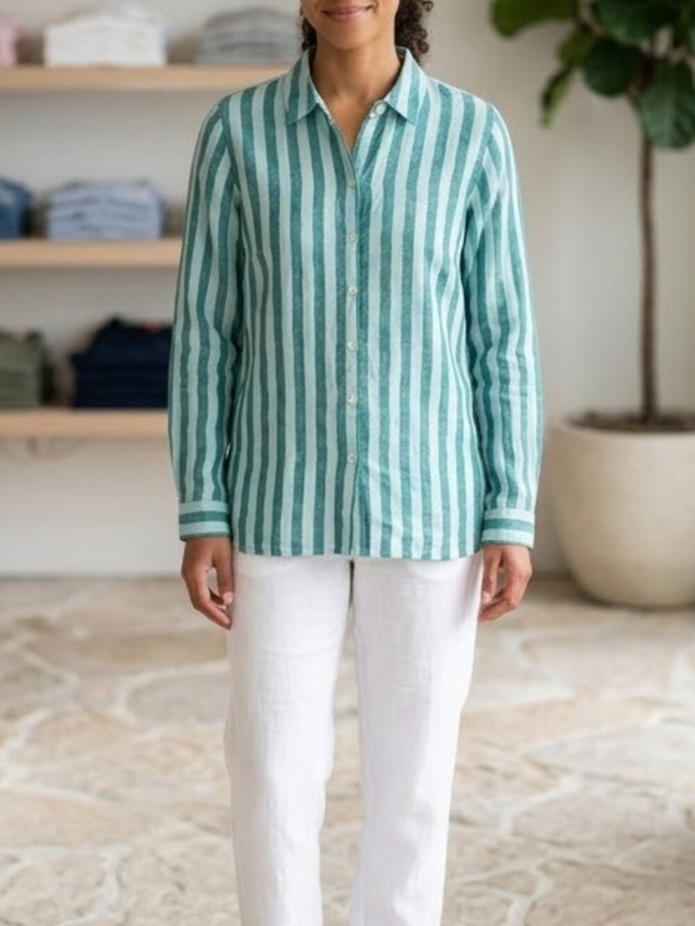 J.JILL Love Linen 100% Linen Green Striped Button-Up Blouse SZ XS Classic Preppy
